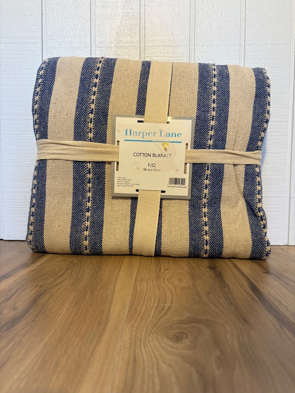 Harper Lane 100% Cotton Blanket Full Queen 90x90 Blue Beige Stripe NWT